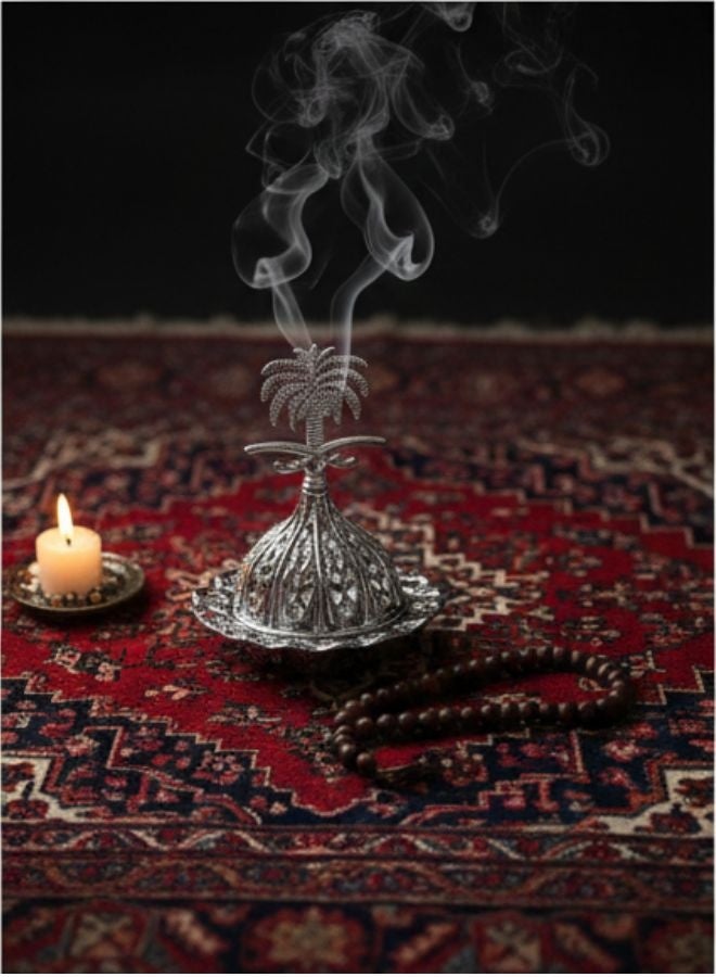 مبخرة بخور بتصميم عربي فاخر – مبخرة معدنية مزخرفة من الحديد عالي الجودة مع غطاء قابل للإزالة – لتعطير الجو ونشر الروائح العطرية بالتساوي – قطعة ديكور فاخرة للمنازل والمناسبات – هدية مثالية للأصدقاء والعائلة-فضية - Image 3